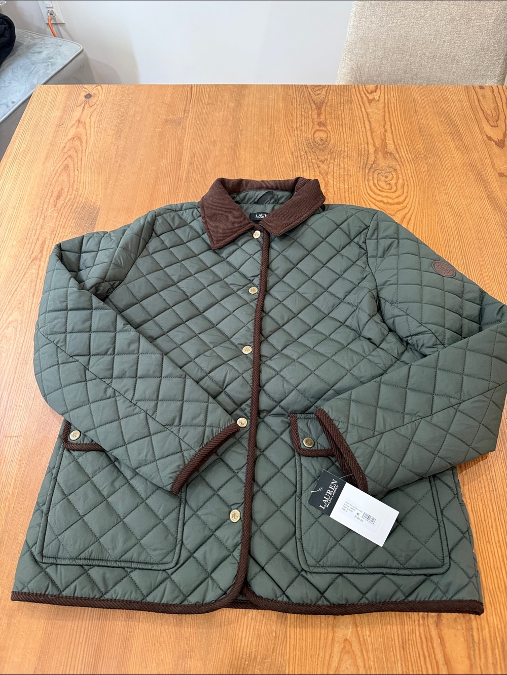 Ralph Lauren Quilted Olive Green Jacket with Brown Trim
